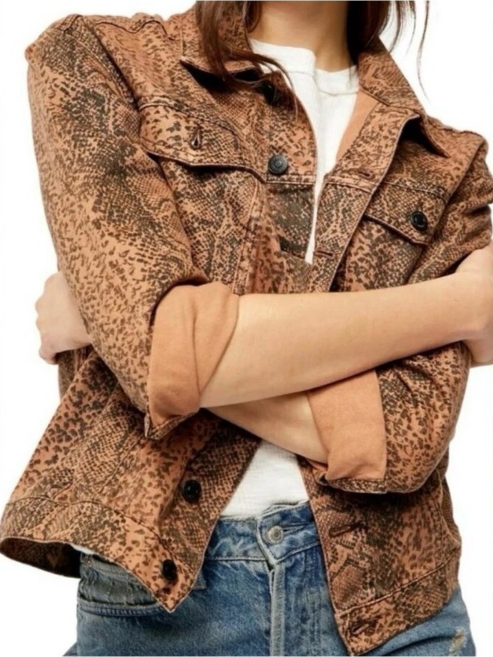 Free People Tan Snake-Print Denim Jacket